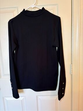 Black Long-Sleeve Mock Neck Top with Button Cuff Detail